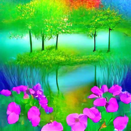 Beautiful nature background art of  trees, flowers artistic beautiful sceneの写真素材