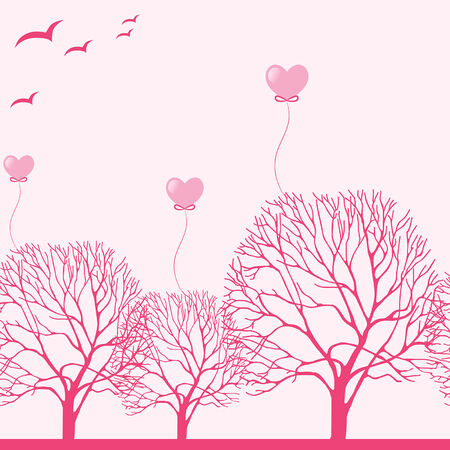 Valentine greeting card. Pink trees and baloons.のイラスト素材