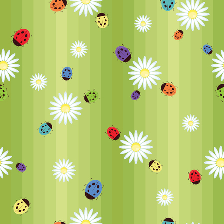 The seamless colorful pattern. Ladybug and camomile.のイラスト素材