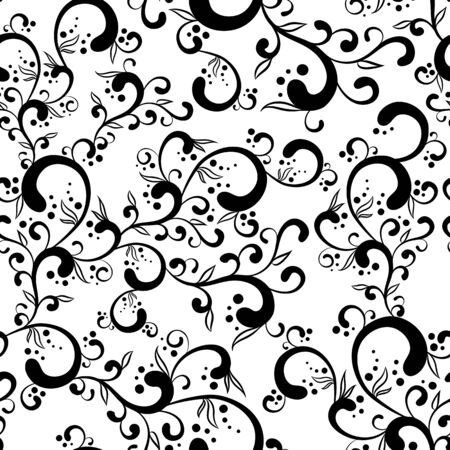 Seamless monochrome background made of curls and dots.のイラスト素材