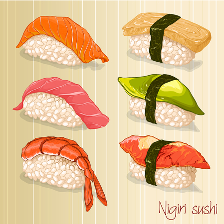 Sushi set with a pretty tasty vector nigiri sushi.のイラスト素材