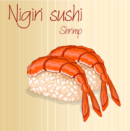 A card with a pretty tasty pair of nigiri sushi with prawns.のイラスト素材