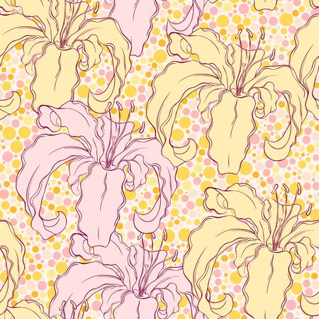 Seamless pattern made of hand drawn tiger lily. Pale pink and yellow.のイラスト素材