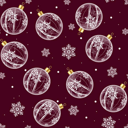 Glass christmas balls. Red seamless background with balls and snowflakes.のイラスト素材