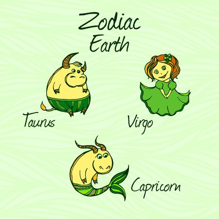 Colorful icons of zodiac. Earth elements. Green color.のイラスト素材