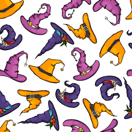 Seamless pattern made of hand drawn cute cartoon witch hats.のイラスト素材