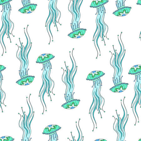 Cute seamless pattern made of colorful doodles of cartoon meduse.のイラスト素材