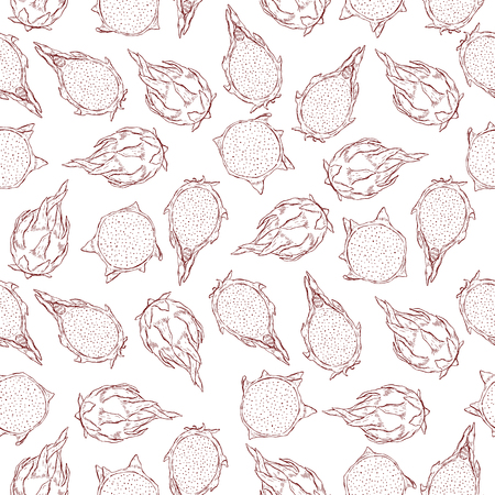Cute seamless pattern made of hand drawn dragon fruit. Different parts of pitaya.のイラスト素材