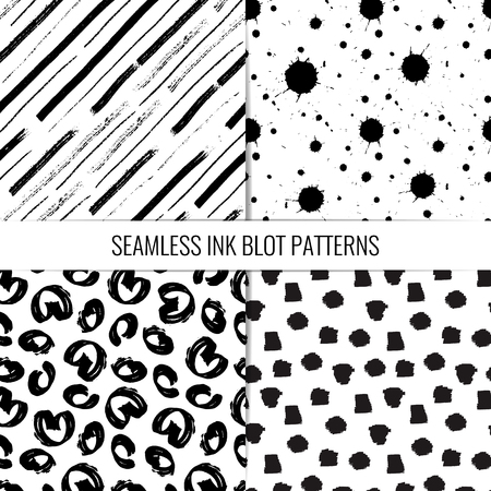 Set of 4 monochrome seamless patterns made of hand drawn ink strokes and blots.のイラスト素材