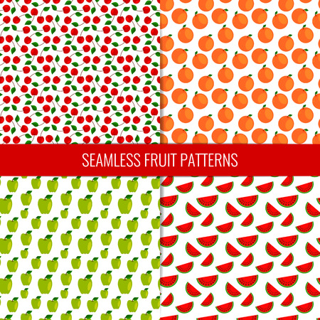 Set of 4 cute seamless patterns made of tasty ripe colorful flat fruits.のイラスト素材
