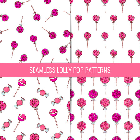 Set of 4 cute seamless patterns made of sweet pink lolly pops and candies.のイラスト素材