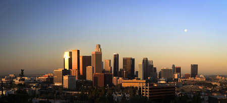 Panoramic photo of Downtown Los Angeles, at sunriseのeditorial素材