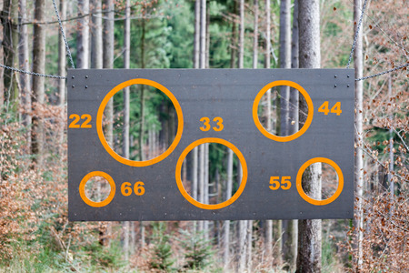 Game board with holes of different sizes for throwing balls through itの写真素材