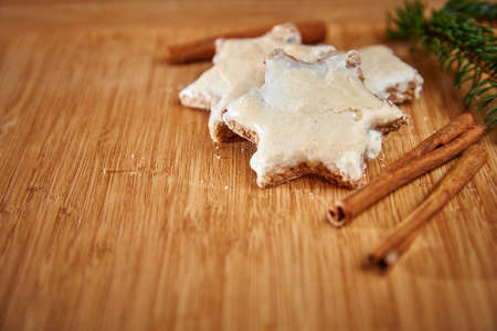 Christmas cinnamon stars on a wooden tableの写真素材