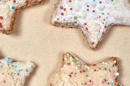 Christmas cookies and balls and fir branch closeupの写真素材