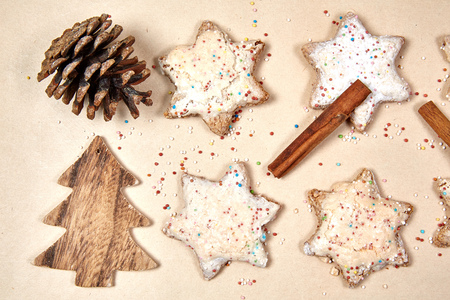 Christmas cookies on paper backgroundの写真素材