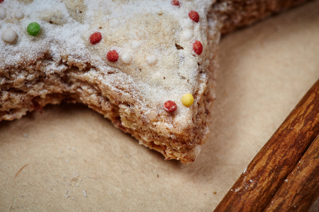Christmas cookies and balls and fir branch closeupの写真素材
