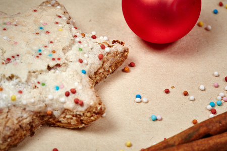 Christmas cookies and balls and fir branch closeupの写真素材