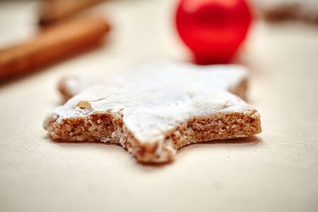 Christmas cookies and balls and fir branch closeupの写真素材