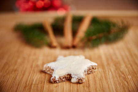 Christmas cinnamon stars on a wooden tableの写真素材
