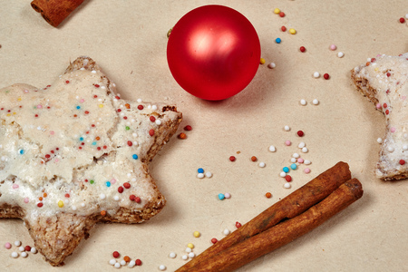 Christmas cookies and balls and fir branch closeupの写真素材