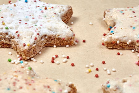 Christmas cookies and balls and fir branch closeupの写真素材