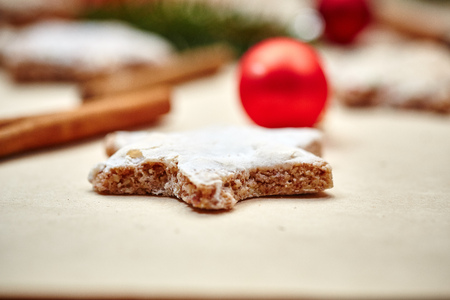 Christmas cookies and balls and fir branch closeupの写真素材