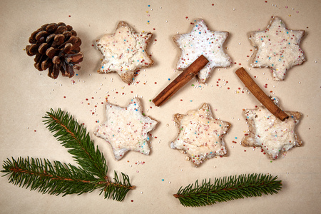 Christmas cookies on paper backgroundの写真素材