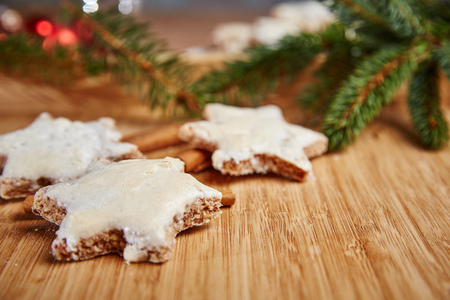 Christmas cinnamon stars on a wooden tableの写真素材