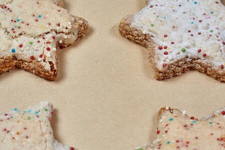 Christmas cookies and balls and fir branch closeupの写真素材