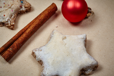 Christmas cookies and balls and fir branch closeupの写真素材