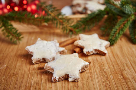 Christmas cinnamon stars on a wooden tableの写真素材