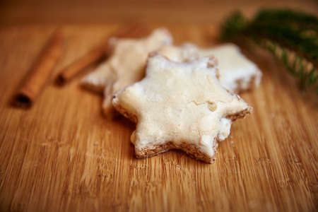 Christmas cinnamon stars on a wooden tableの写真素材