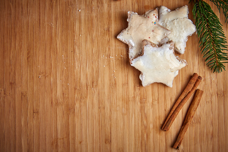 Christmas cinnamon stars on a wooden tableの写真素材