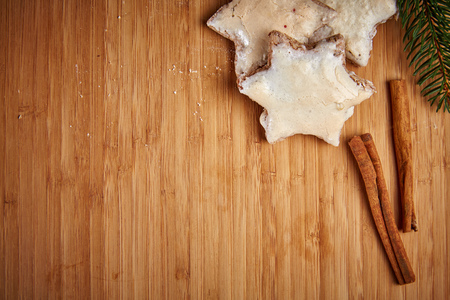 Christmas cinnamon stars on a wooden tableの写真素材