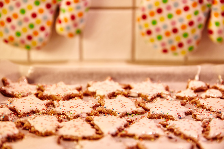 Baking Christmas cookies on the baking  trayの写真素材