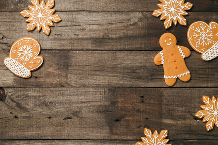 Xmas background with gingerbread. Top view with space for textの写真素材