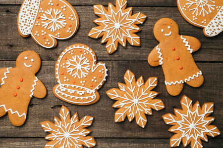 Xmas background with gingerbread. Top view with space for textの写真素材