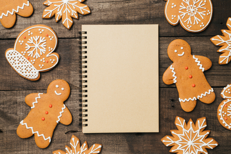 Xmas background with gingerbread and space for textの写真素材