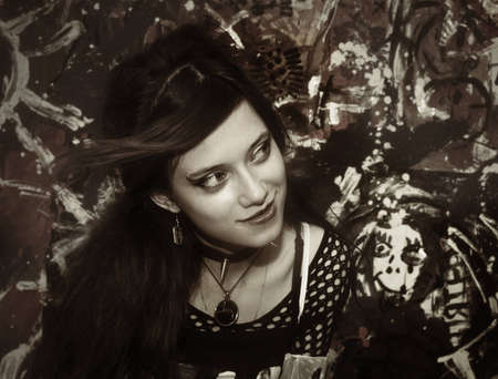 girl, culture; person; background; ; dark; rock; sex,womenの写真素材