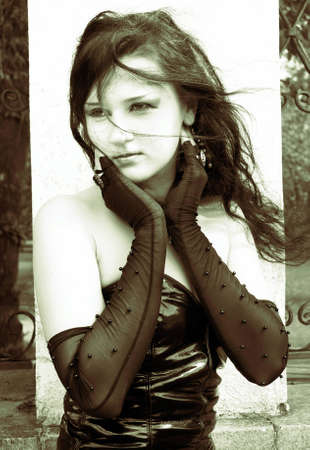 Portrait of the girl in glovesの写真素材