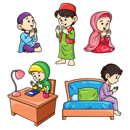 Illustration of cute cartoon moslem kids praying.のイラスト素材