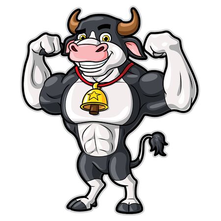 Illustration cartoon of cute cow healthy and strong.のイラスト素材