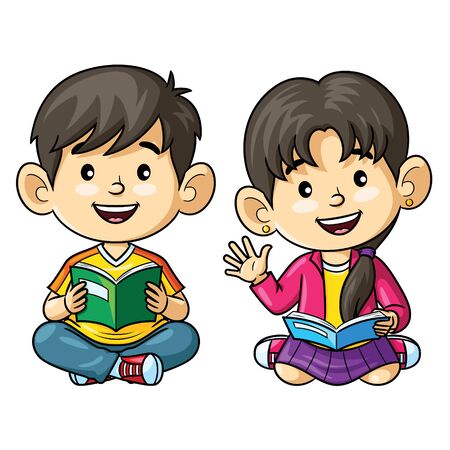Illustration cartoon of cute kids reading book.のイラスト素材