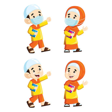 Illustration of cute cartoon muslim kids going to the Koran.のイラスト素材