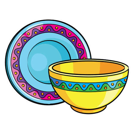 Colorful bowl and plate cartoonのイラスト素材
