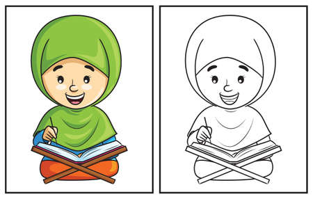 Coloring book cute girl reading Quran.のイラスト素材