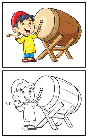 Coloring book cute boy playing bedug drum. Coloring page and colorful clipart character. Vector cartoon illustration.のイラスト素材