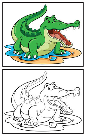 Coloring book cute crocodile. Coloring page and colorful clipart character. Vector cartoon illustration.のイラスト素材