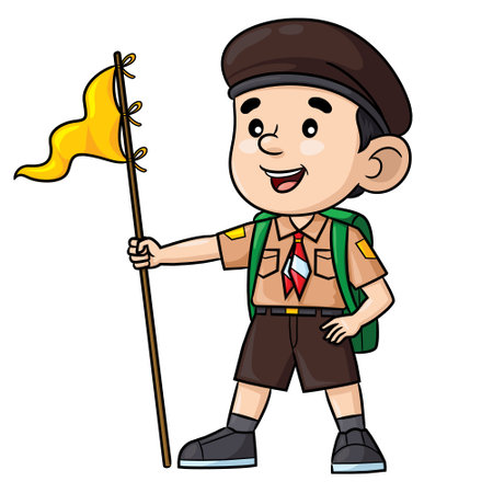 Illustration of cute cartoon of scout holding a yellow flag.のイラスト素材